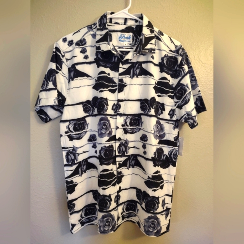 Men's Fresh Prints Of Bel-Air Hawaiian Button-Up Shirt Black & White Ros…